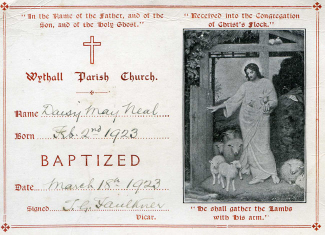 Daisy's baptism certificate